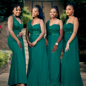 2025 Wholesale One Shoulder Mermaid Black Women Bridesmaid Dresses Lace Satin Corset Back Long Wedding Guest Gowns Cheap