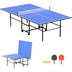 9FT Mid-Size Table Tennis Table, Professional Foldable Ping Pong Table for Indoor & Outdoor with Net, 2 Table Tennis Paddles and