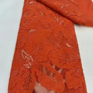 Luxury African Chiffon Beaded Lace Fabric 2025 High Quality Orange Bride Nigerian French Tulle Lace Fabric Wedding Dress