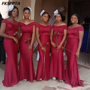 Wholesale Long 2025 Burgundy Bridesmaid Dresses Off The Shoulder Corset Back Satin Mermaid Wedding Guest Gowns Customized