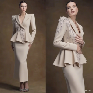 Crystal Beaded Women Dress Suits Ruched Waisted Blazer And Skirt Set Customized Formal Wedding Guest Dress Prom Evening Outfit