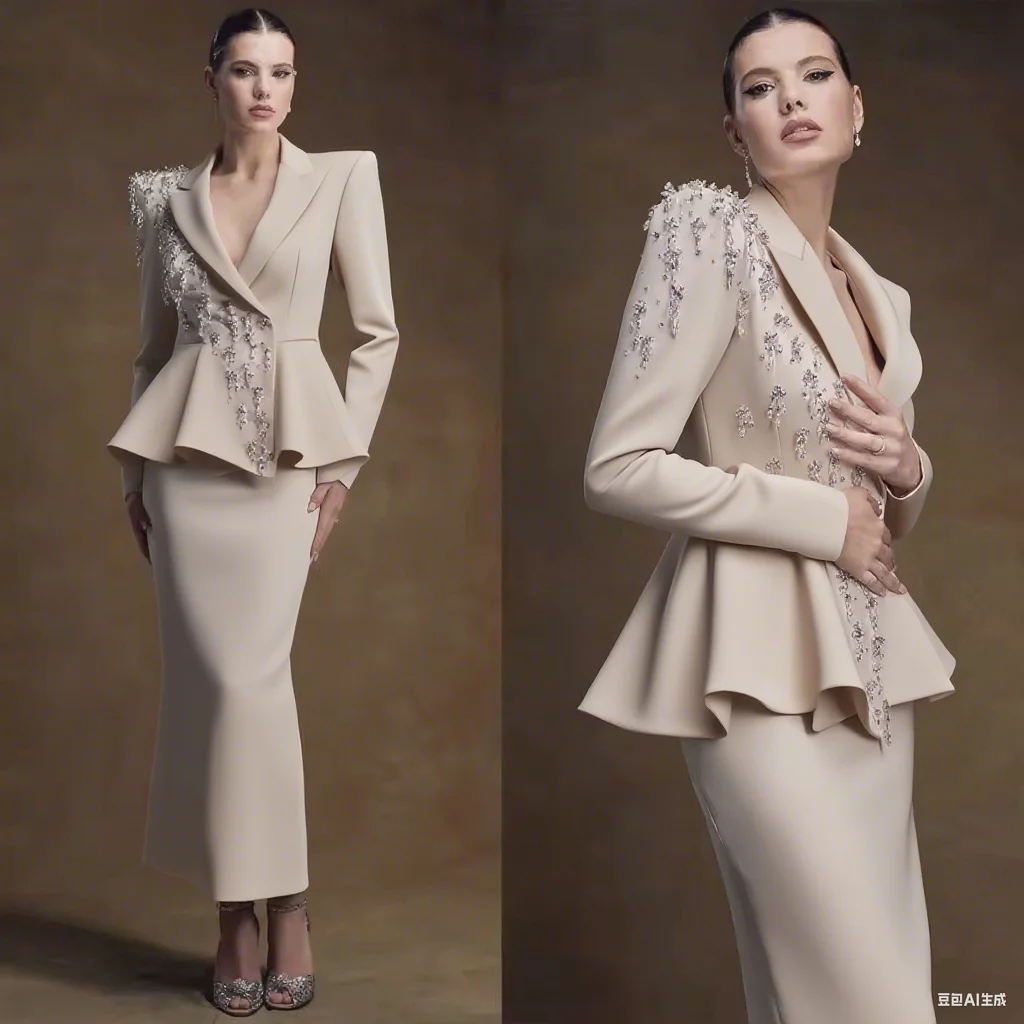 Crystal Beaded Women Dress Suits Ruched Waisted Blazer And Skirt Set Customized Formal Wedding Guest Dress Prom Evening Outfit