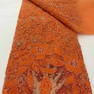 Luxury Burnt Orange Beaded Lace Fabric Embroidered Dubai New 2024 Grey Lace Fabrics 5 Yards Sequins Beads Lace For Sewing KB4337