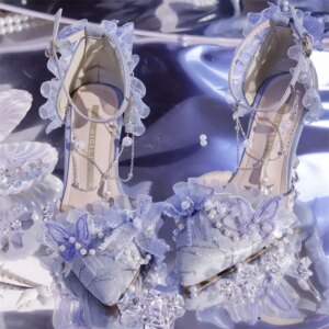2025 New Deep Sea Wedding Shoes Pointed Toe All-Matching Handmade High Heels Elegant Tea Party