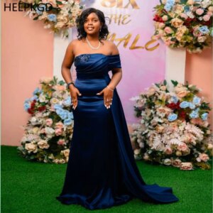 Navy Blue 2025 Long One Shoulder Bridesmaid Dresses Strapless Mermaid Beaded Satin Maids Of Honor Gowns Customized