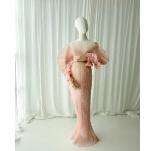 HOT Transparent Pleated Pregnancy Dresses Baby Shower Off the Shoulder Maternity Gown photoshoot Lush Sleeve Pregnancy Dress