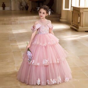 Dreamy Vow Gorgeous Off-Shoulder Applique Tiered Tulle Flower Girl Princess Dress Wedding Evening Party Pageant Prom 2025 D322