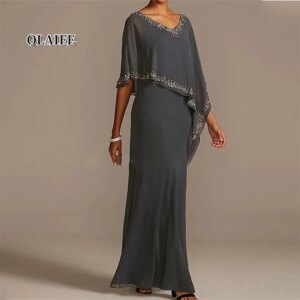 Elegant V-Neck Mother Of The Bride Dress Half Sleeve Chiffon A-line With Beading Formal Dresses Vestidos Mae Da Noiva Casamentos