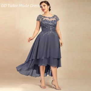 High-Low Chiffon Mother Of The Bride Dresses Short Sleeves Plus Size Party Prom Gown Lace Appliques Gray Formal Wear Customized
