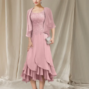 Classy Mother of the Bride Dresses Pink Gray O-neck Tea Length Lace A-line Half Sleeves Smart Simple Women Banquet Prom Gowns