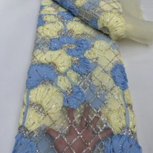 5 Yards African Sequins Lace Fabric 2025 High Quality Lace Embroidery Beaded Mesh Fabric For Women Wedding Party Dress