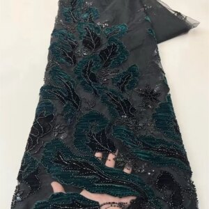 African Luxury Fabric 5 Yards Velvet Lace Fabric 2025 High Quality Lace Green Bead Lace Fabric For NIgerian Wedding Dress A815-1