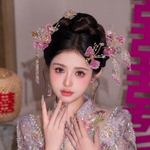 Golden Pink New Chinese Xiuhe Headdress Hair Clasp Cheongsam Hanfu Accessories Age-Reducing Super Tassel Xiuhe Clothing