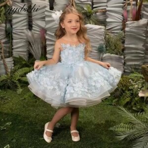 Customized Lovely Baby Blue Flower Girl Dresses For Weddings Tulle Appliques Toddler Floral Birthday Party First Comunion Gowns