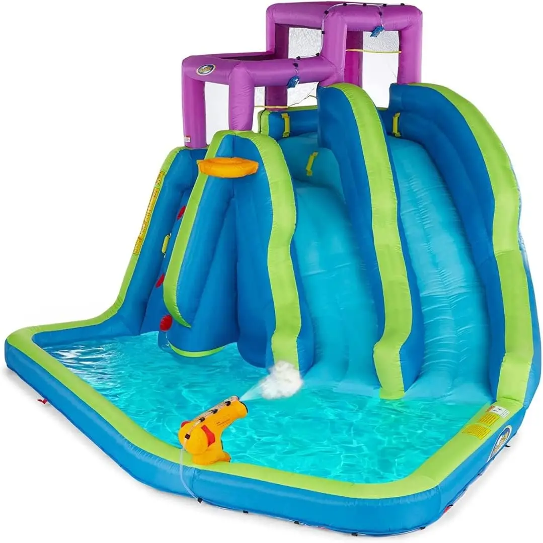Twin Falls 7-in-1 Inflatable Water Park for Kids with Blower, Includes Two Blow Up Water Slides, Climbing Wall, Splash Pool, Wat