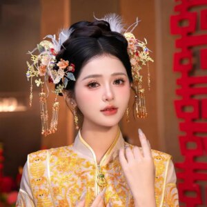 New Chinese Xiuhe Headdress Simple Golden Hairpin Necklace Suit and Gown Hair Accessories Horse-Face Skirt Cheongsam