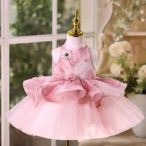 Jill Wish Luxury Pink Flower Girl Dress Lace Flowers Sleeveless Princess Kids Wedding 1st Birthday Pageant Party Prom Gown J532