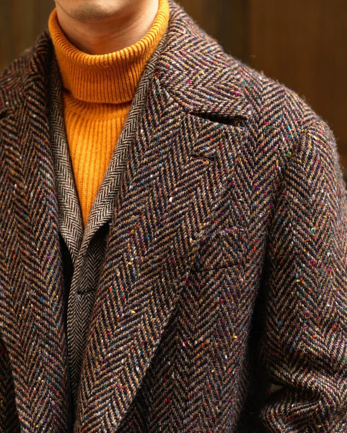 Vintage Winter Men's Tweed Herring Bone Coat Retro Single Breast Shawel Lapel Warm OverCoat Tailored Blazer Men Customized
