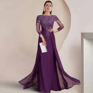 Simple Purple Mother of Bride Dresses with Chiffon Full Sleeve Chiffon Wedding Party Dresses for Women 2025 Summer Robe