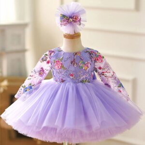 Jill Wish Lilac Baby Lace Long Sleeve Adorable Girl Dress with Bow Knee Length Princess Wedding Birthday Party Ball Gown J055