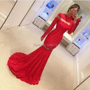 YNQNFS Vestido de Festa Longo Prom Party Sexy Mermaid Long Sleeves Red Lace Dress See Through Red Mermaid Dress PD4