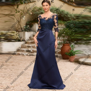 Long Customized Navy Blue Satin Mother of the Bride Dresses with Buttons Wedding Guest Dress vestido madre del novia