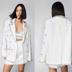 3 Pieces Sparkly Women Blazer Sets Customized Crystal Beading Jacket Set Ladies Pants Suits Formal Wedding Guest Wear