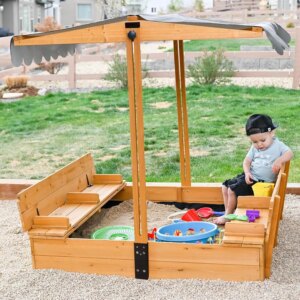 Kids Sandbox with Lid – Large Kids’ Outdoor Wooden Sand Box with Cover Sand Protection, Foldable Bench Seats and Retractable Roo