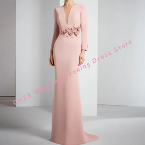 Elegant Satin V-Neck Floral Full Sleeve Mermaid Mother Of Bride Wedding Dresses Bridal Gowns Customized