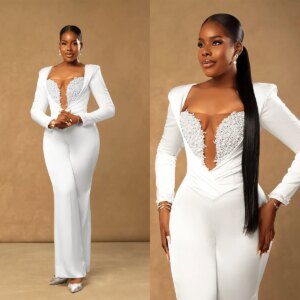 Luxurious V Neck Blazer Jumpsuit Fancy Slim Fit Full Sleeve Pearls Party Dress Customized Power Gown