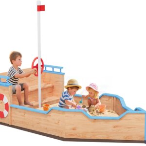 Large Pirate Ship Sandbox, Wooden Sand Box with Seat and Rudder, Playset Outdoor Backyard, Children Outdoor Play, 76”L x 36”W