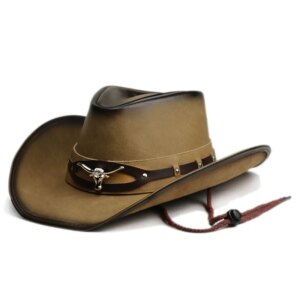 Men’s and women’s vintage quality leather large eaves bull sunshade cowboy hat cap