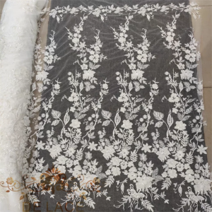 JZQ Exquisite Wedding Dress Floral Fabric High Quality Net Embroidered Tulle Sequin Beaded Bridal Dress Lace Mesh