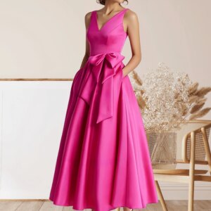 LinasBridal Women’s A-Line Wedding Guest Dress Elegant Dress Tea Length V-Neck Pocket Satin with Bow(s) 2024
