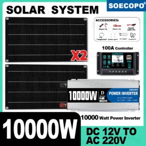 SOECOPO 10000W Solar System Kit DC 12V – AC 110V/220V Inverter 2*800w Solar Panel 100A Controller Camping USB 5V/1.5A