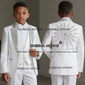 Brilliant Crystals Beaded Boys Suits 3 Pieces Sets Sliver Sequins Lapel Prom Children Blazers Customized Kids Tuxedo For Wedding