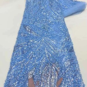 Luxurious African Blue Beads Sequins Lace Fabric Embroidery French Tulle 2025 High Quality For Wedding Dress Sewing KB4893