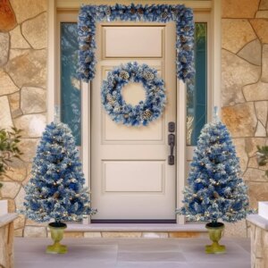 Prelit Xmas Tree Artificial Christmas 4Piece Set Garland Wreath and Set of 2 Entrance Trees Xmas with LED Lights Christmas Tree