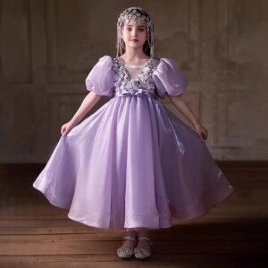 Jill Wish Elegant Lilac Flower Girl Dresses Luxury Beading Puff Sleeve Kids Wedding Birthday Party Pageant Evening Gown J028