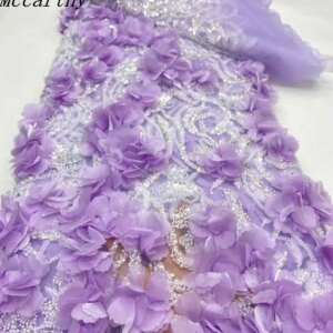 African Lace Fabric 2025 High Quality French 3D Flower Purple Embroidery Beads Tulle Lace Fabric For Party Dress