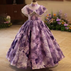 Girls Pearl Flower Princess Dress 2024 New Fashion Luxury Halter Neck Long Dress Dress Carnival Birthday Party Evening Dress