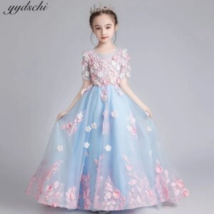 Appliques Fairy dress  First Communion Dress New Design Princess Lace Dress Flower For Girl Kids Children Wedding Birthday Party