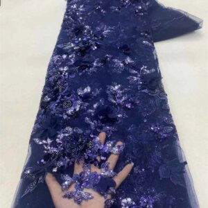 Navy Blue 3D Beads Lace Fabric 2024 High Quality Mesh Embroidery Applique 3D Flower Tulle Nigerian Lace Fabric For Bridal W167-1