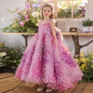 Jill Wish Luxury Fuchsia Flower Girl Dress Sleeveless 3D Flowers for Kids Princess Wedding Pageant Birthday Party Ball Gown J288