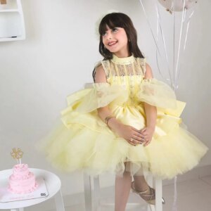 Jill Wish  Yellow Beading Off Shoulder Puffy Girl Princess Dress Knee Length for Children 1st Birthday Wedding Party Gowns J041