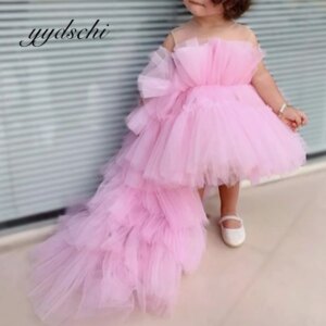 Fluffy Beach Flower Girl Dress A-Line Kids Princess Lace Pink Tea Length Trailing Wedding Fold Short Tulle Tutu Prom Dresses