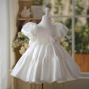 Jill Wish Simple White Flower Girl Dress with Bow Satin Puffy Sleeve Princess Toddler Kids Wedding 1st Birthday Party Gown J457