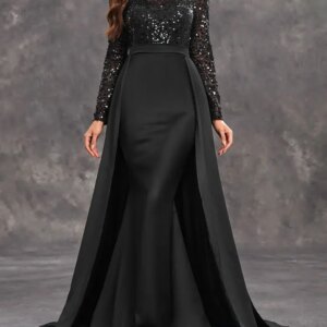 Dubai Arabic black Stain  Mermaid Mother Of The Bride Dress Long Sheer Neck Long Sleeves Elegant Evening Gowns Customized