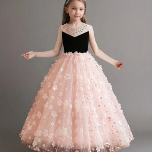 Girls Sleeveless Neckline Tassel Skirt Three-Dimensional Flower Wedding Dress Junior Bridesmaid Dress Prom Party/Custom