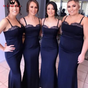 2023 Formal Mermaid Bridesmaid Dress Navy Blue Elegant Spaghetti Straps Lace V-neck Vestido de la dama de honor Custom Made SU08